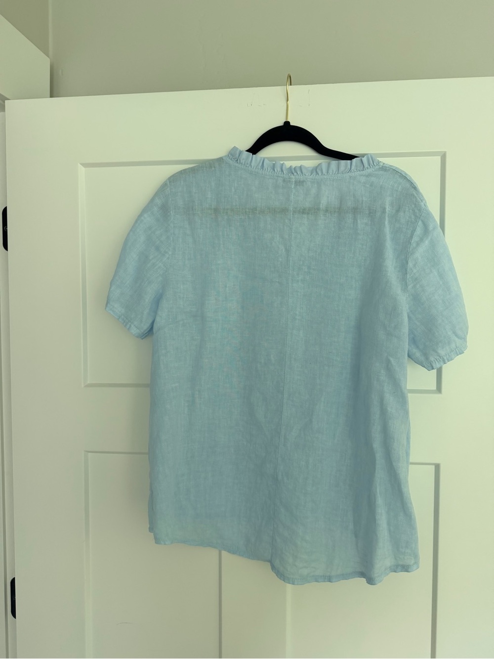 Light Blue Ruffle V-Neck Linen Top - Picture 4 of 5